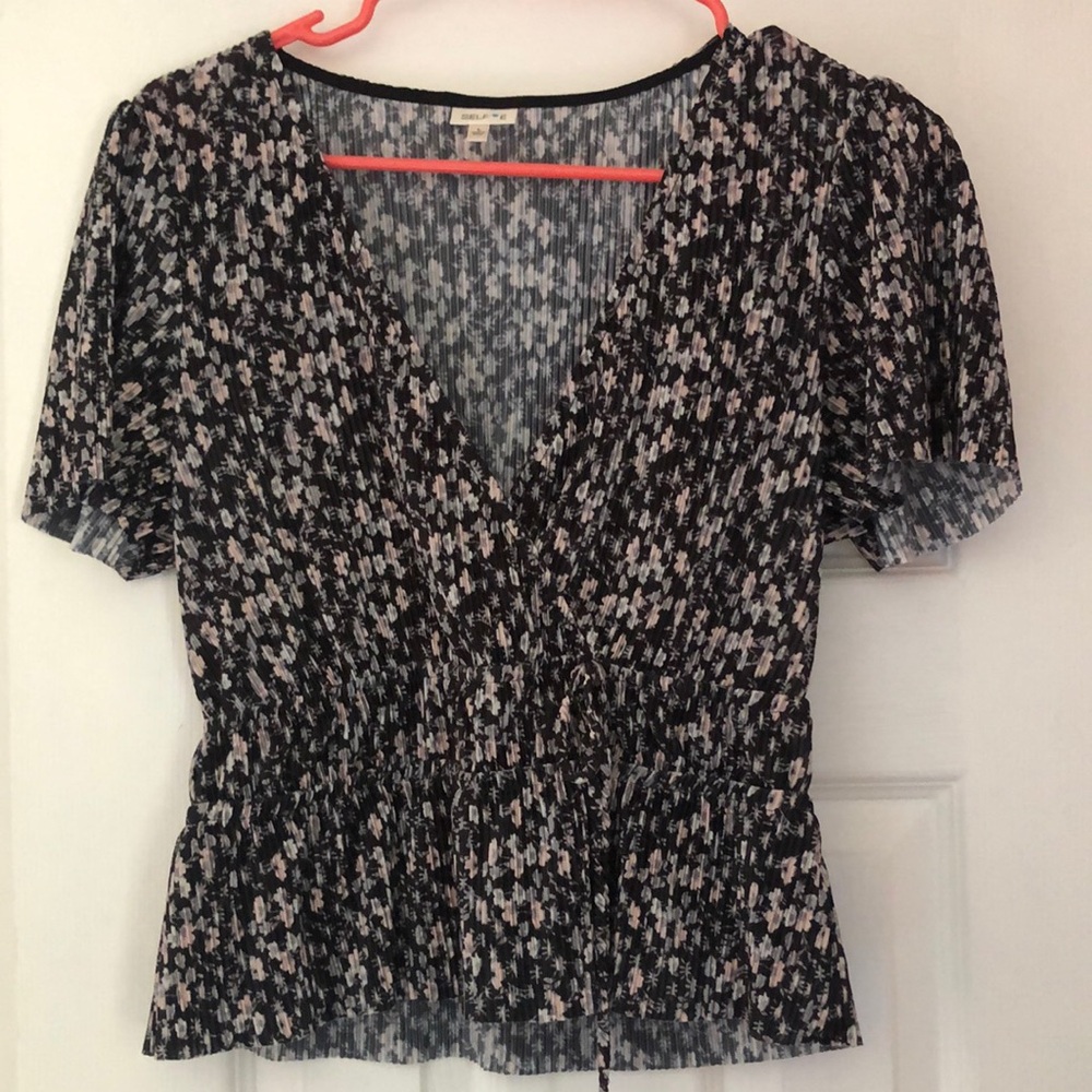 Black, white, pink floral ruched v neck blouse